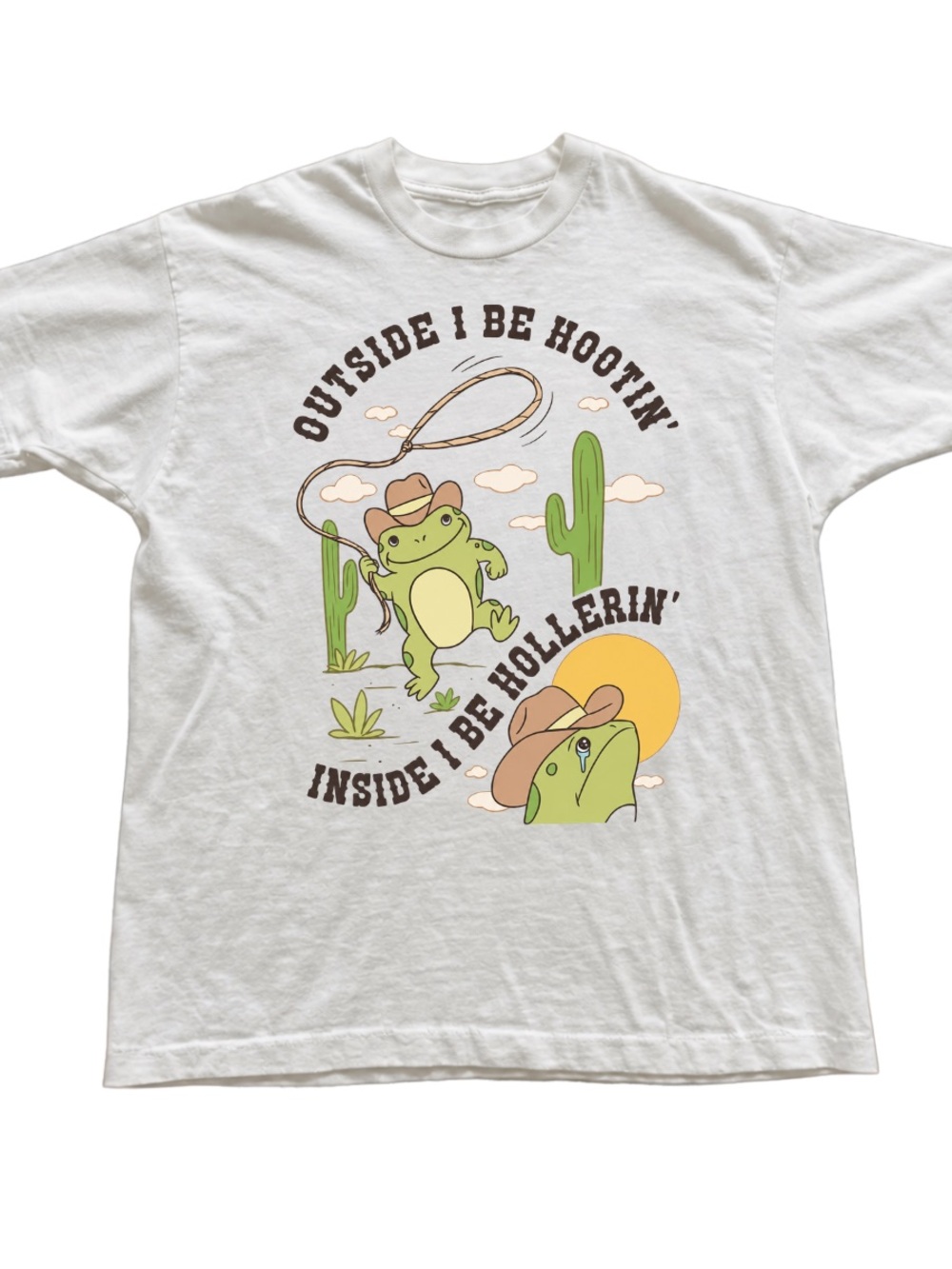 White Graphic Tee with Green Frog Cowboy Print